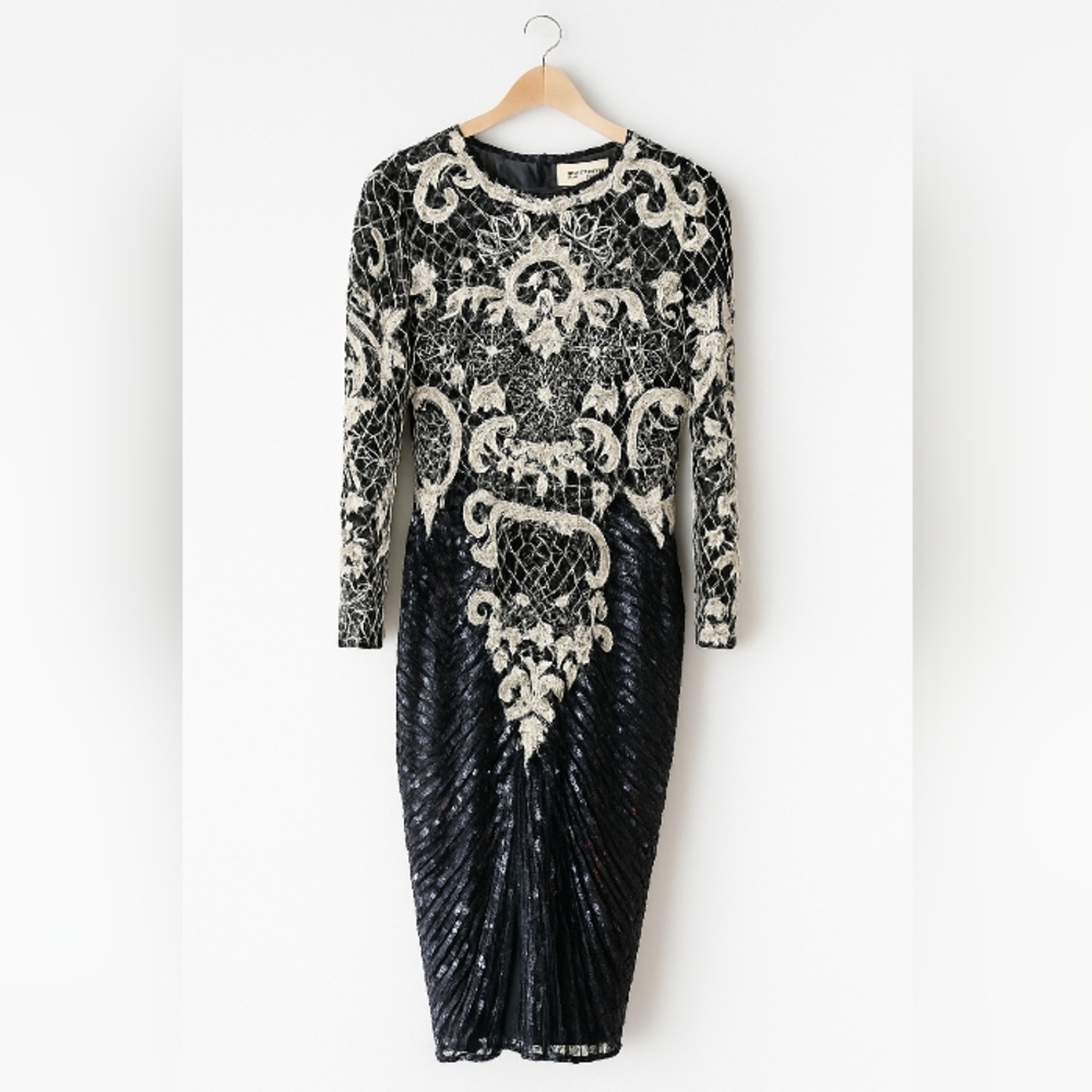 Vintage Swee Lo Black‎ White Beaded 100% Silk Art Deco Dress Small